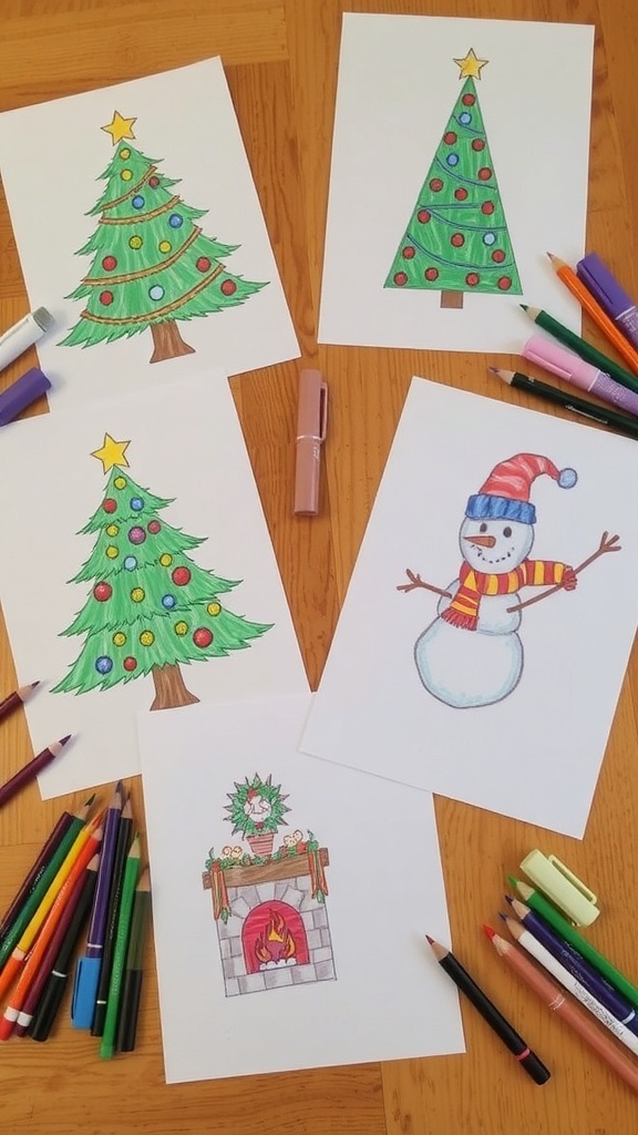 A variety of Christmas-themed drawings including a tree, snowman, and fireplace on a table with art supplies.